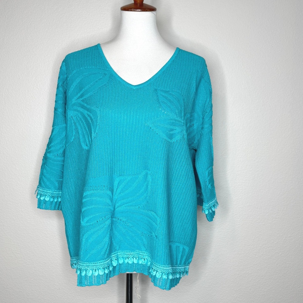 CHICOS Textured Floral Knit Sweater LG 2 Short Sleeve Lace Trim Teal Green